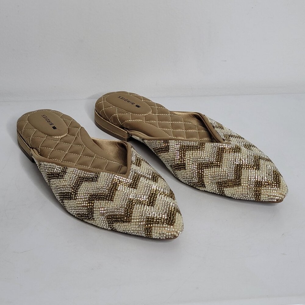 Birdies Swan Women 7.5 Beaded Slip on Chevron Mule Flat Pointed Toe Slides Shoes